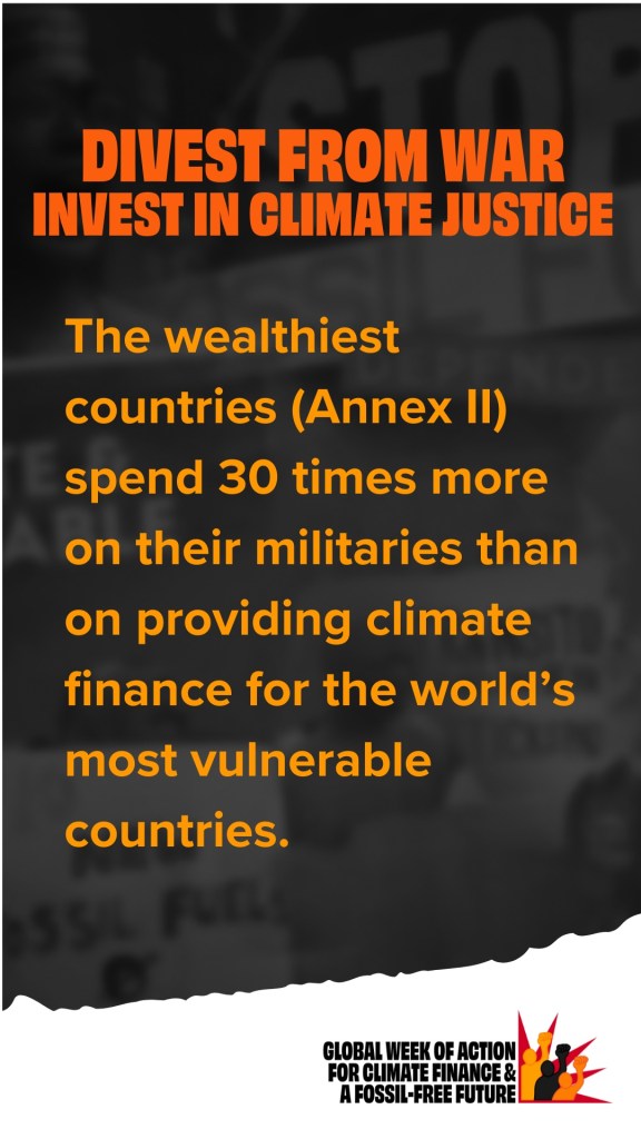 The wealthiest countries (Annex II) spend 30 times more on their militaries than on providing climate finance for the world’s most vulnerable countries.
